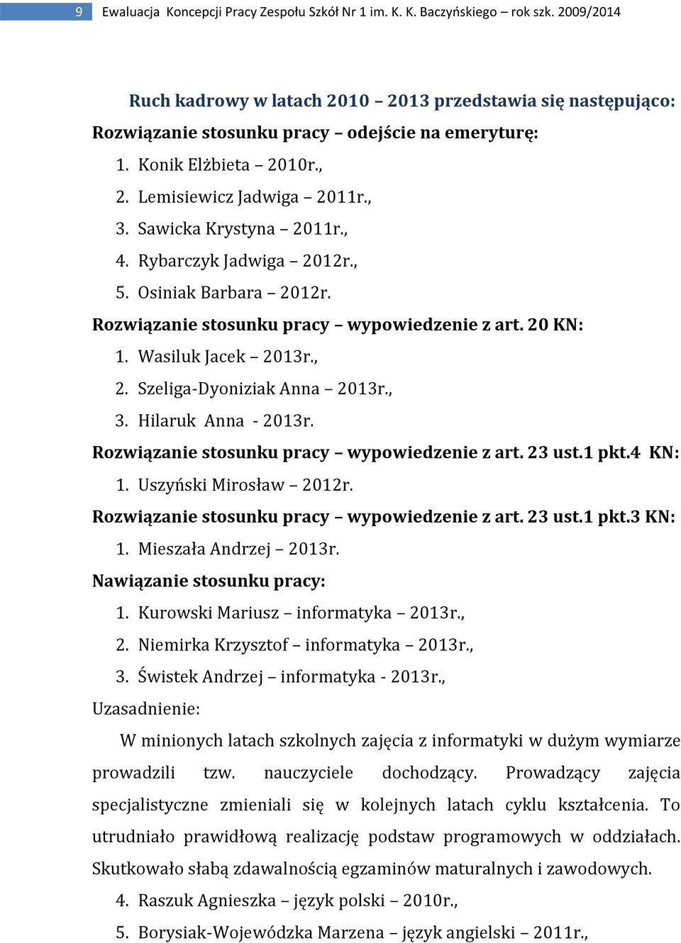 Sawicka Krystyna 2011r., 4. Rybarczyk Jadwiga 2012r., 5. Osiniak Barbara 2012r. Rozwiązanie stosunku pracy wypowiedzenie z art. 20 KN: 1. Wasiluk Jacek 2013r., 2. Szeliga-Dyoniziak Anna 2013r., 3.