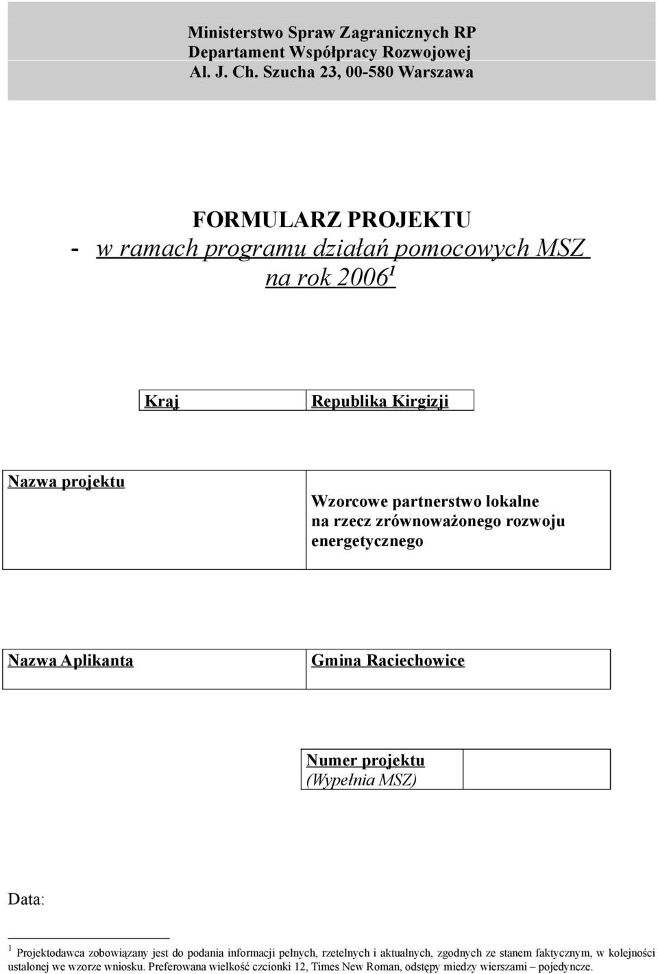 partnerstwo lokalne na rzecz zrównoważonego rozwoju energetycznego Nazwa Aplikanta Gmina Raciechowice Numer projektu (Wypełnia MSZ) Data: 1 Projektodawca