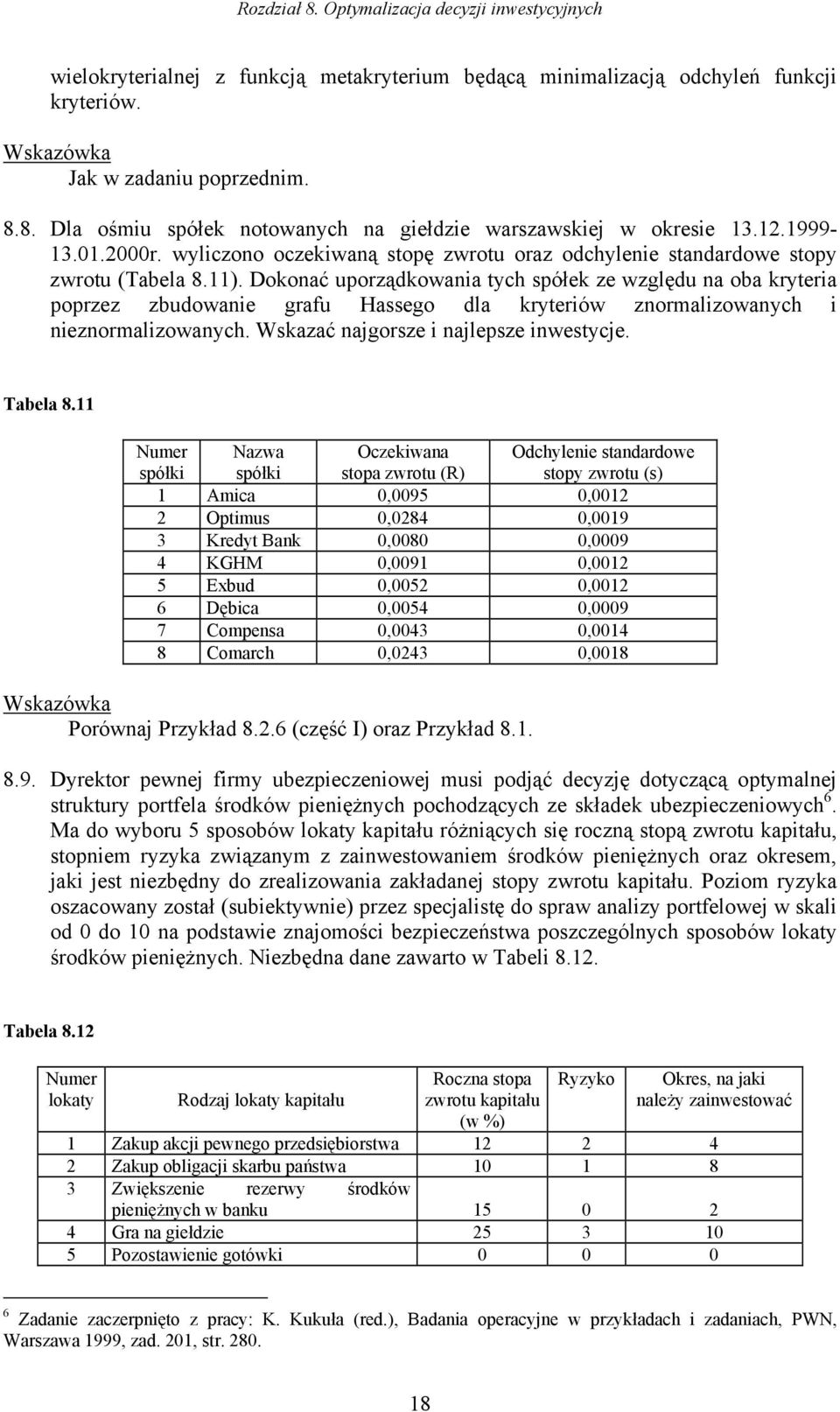 Dokonać uporządkowana tych spółek ze względu na oba krytera poprzez zbudowane grafu Hassego dla kryterów znormalzowanych neznormalzowanych. Wskazać najgorsze najlepsze nwestycje. Tabela 8.