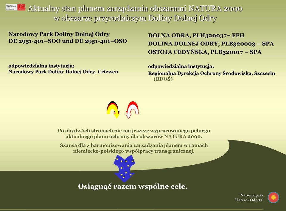 Odry, Criewen odpowiedzialna instytucja: Regionalna Dyrekcja Ochrony Środowiska, Szczecin (RDOŚ) Po obydwóch stronach nie ma jeszcze wypracowanego pełnego