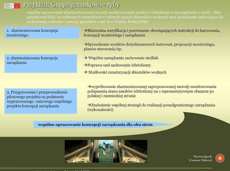 zharmonizowana koncepcja monitoringu Bilateralna weryfikacja i porównanie obowiązujących instrukcji do kartowania, koncepcji monitoringu i zarządzania Sprawdzenie wyników dotychczasowych kartowań,