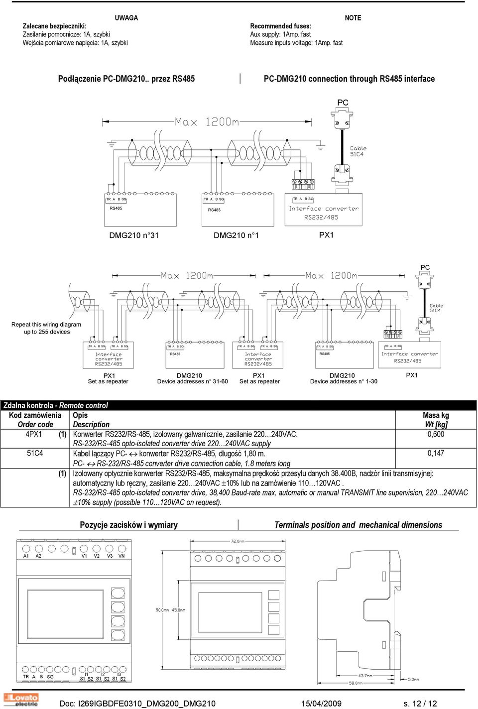 . przez RS485 PC-DMG210 connection through RS485 interface PC TR A B SG RS485 TR A B SG RS485 TR A B SG DMG210 n 31 DMG210 n 1 PX1 PC Repeat this wiring diagram up to 255 devices TR A B SG TR A B SG