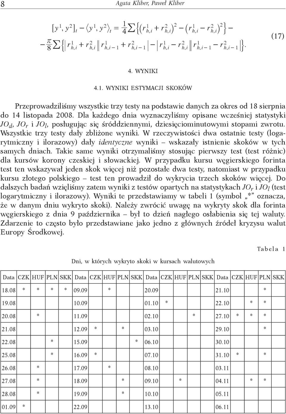 Dla każdego dnia wyznaczyliśmy opisane wcześniej saysyki JO d, JO r i JO l, posługując się śróddziennymi, dziesięciominuowymi sopami zwrou. Wszyskie rzy esy dały zbliżone wyniki.