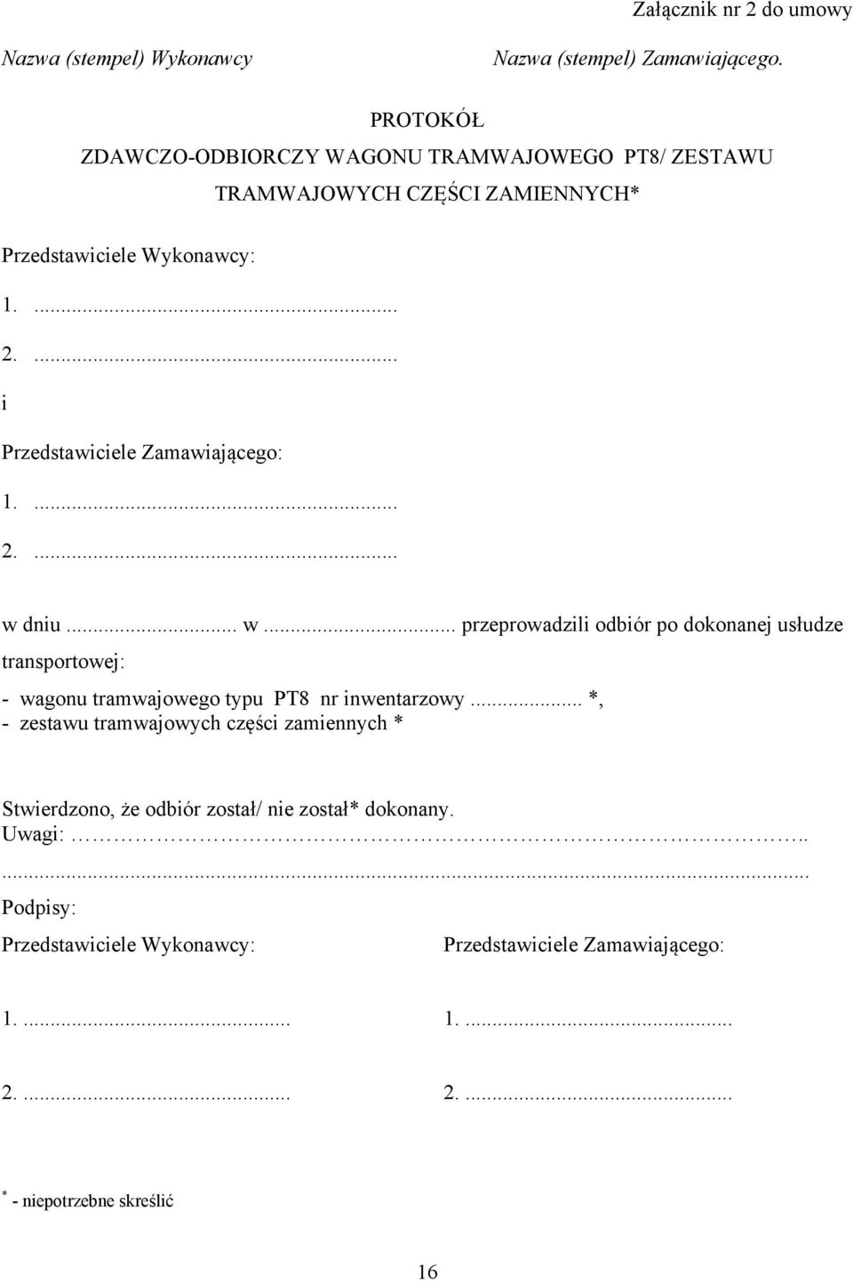 ... i Przedstawiciele Zamawiającego: 1.... 2.... w 