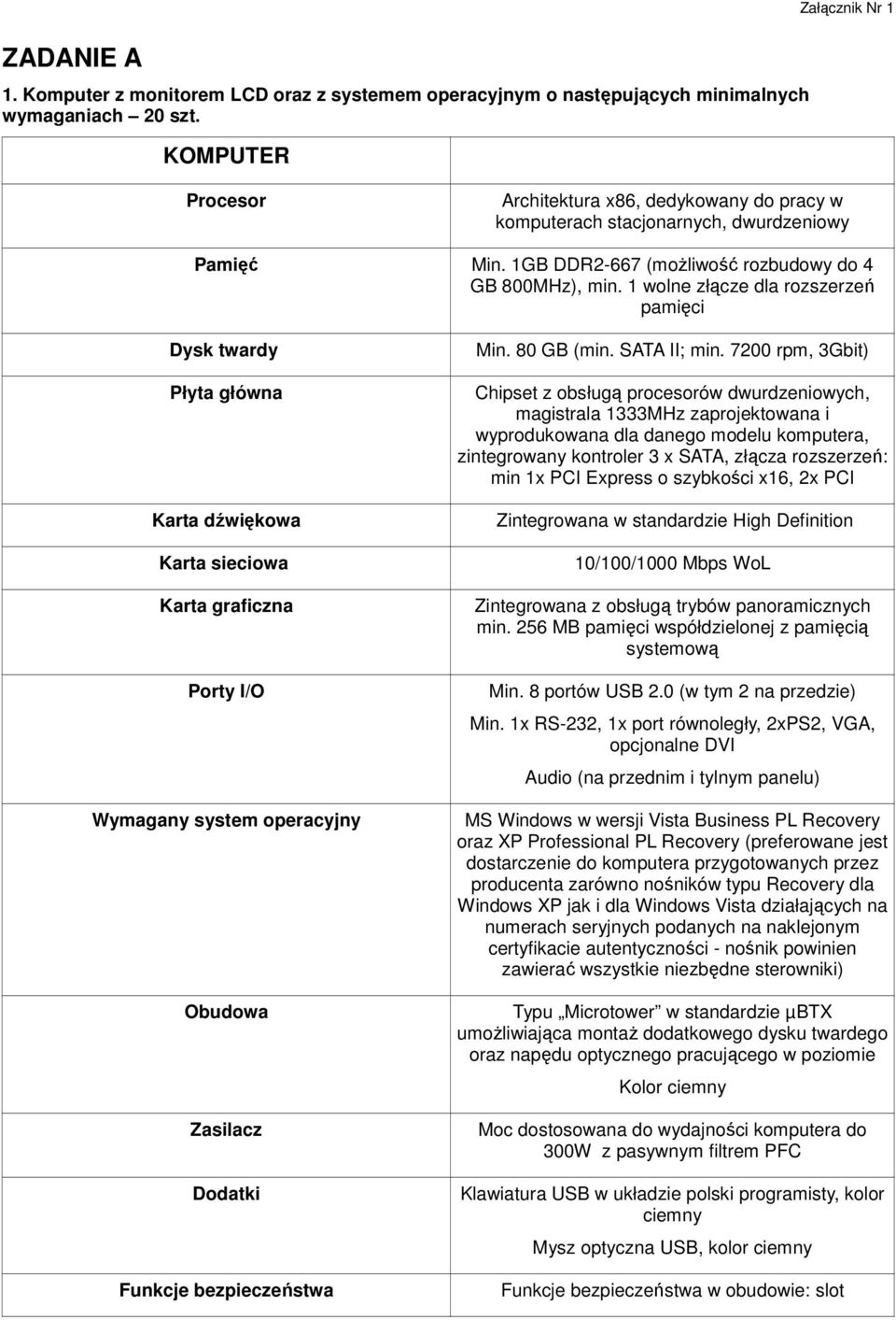 1 wolne złącze dla rozszerzeń pamięci Dysk twardy Płyta główna Min. 80 GB (min. SATA II; min.