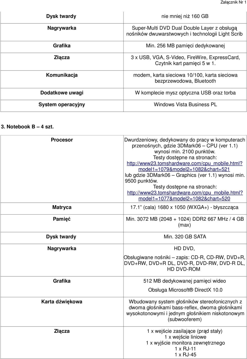 modem, karta sieciowa 10/100, karta sieciowa bezprzewodowa, Bluetooth W komplecie mysz optyczna USB oraz torba Windows Vista Business PL 3. Notebook B 4 szt.