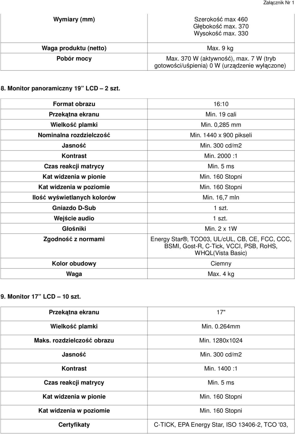 0,285 mm Min. 1440 x 900 pikseli Min. 300 cd/m2 Kontrast Min.