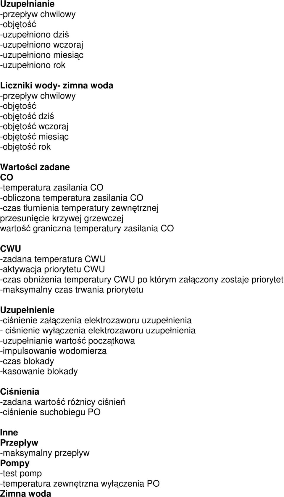 graniczna temperatury zasilania CO CWU -zadana temperatura CWU -aktywacja priorytetu CWU -czas obniŝenia temperatury CWU po którym załączony zostaje priorytet -maksymalny czas trwania priorytetu