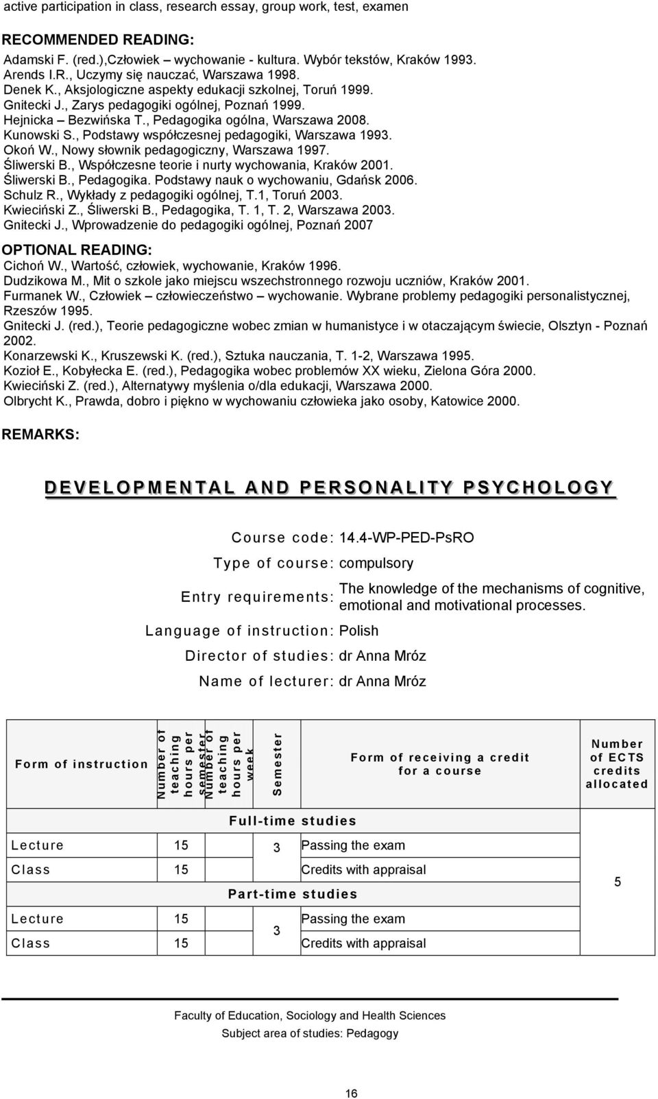 , Podstawy współczesnej pedagogiki, Warszawa 1993. Okoń W., Nowy słownik pedagogiczny, Warszawa 1997. Śliwerski B., Współczesne teorie i nurty wychowania, Kraków 2001. Śliwerski B., Pedagogika.