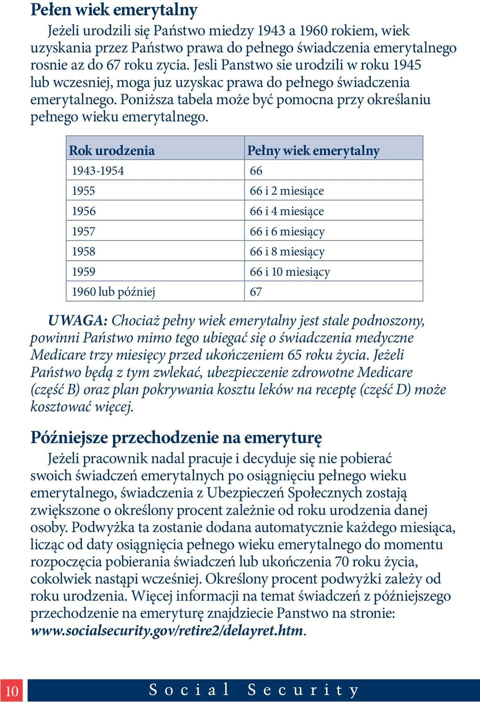 Rok urodzenia Pełny wiek emerytalny 1943-1954 66 1955 66 i 2 miesiące 1956 66 i 4 miesiące 1957 66 i 6 miesiący 1958 66 i 8 miesiący 1959 66 i 10 miesiący 1960 lub później 67 UWAGA: Chociaż pełny