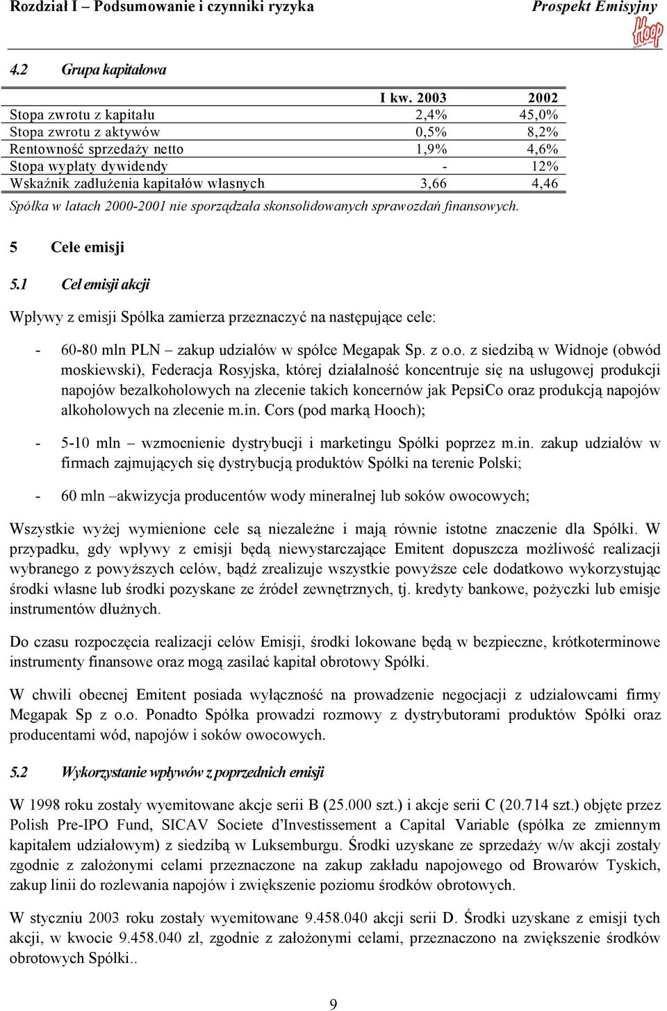 Spółka w latach 2000-2001 nie sporządzała skonsolidowanych sprawozdań finansowych. 5 Cele emisji 5.