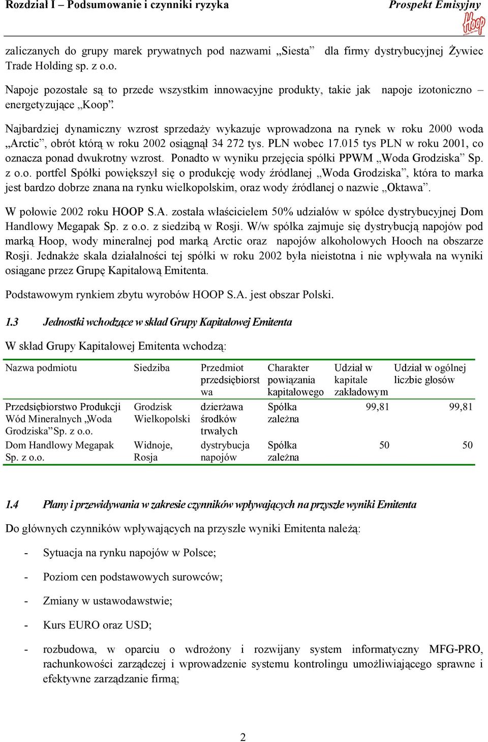 015 tys PLN w roku 2001, co oznacza ponad dwukrotny wzrost. Ponadto w wyniku przejęcia spółki PPWM Woda Grodziska Sp. z o.o. portfel Spółki powiększył się o produkcję wody źródlanej Woda Grodziska, która to marka jest bardzo dobrze znana na rynku wielkopolskim, oraz wody źródlanej o nazwie Oktawa.