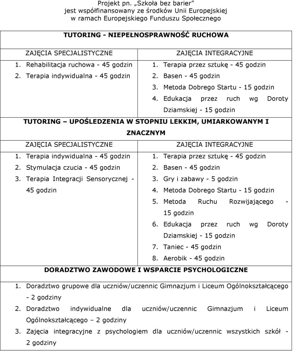 Edukacja przez ruch wg Doroty Dziamskiej - 15 godzin TUTORING UPOŚLEDZENIA W STOPNIU LEKKIM, UMIARKOWANYM I ZNACZNYM ZAJĘCIA SPECJALISTYCZNE ZAJĘCIA INTEGRACYJNE 1. Terapia indywidualna - 45 godzin 2.