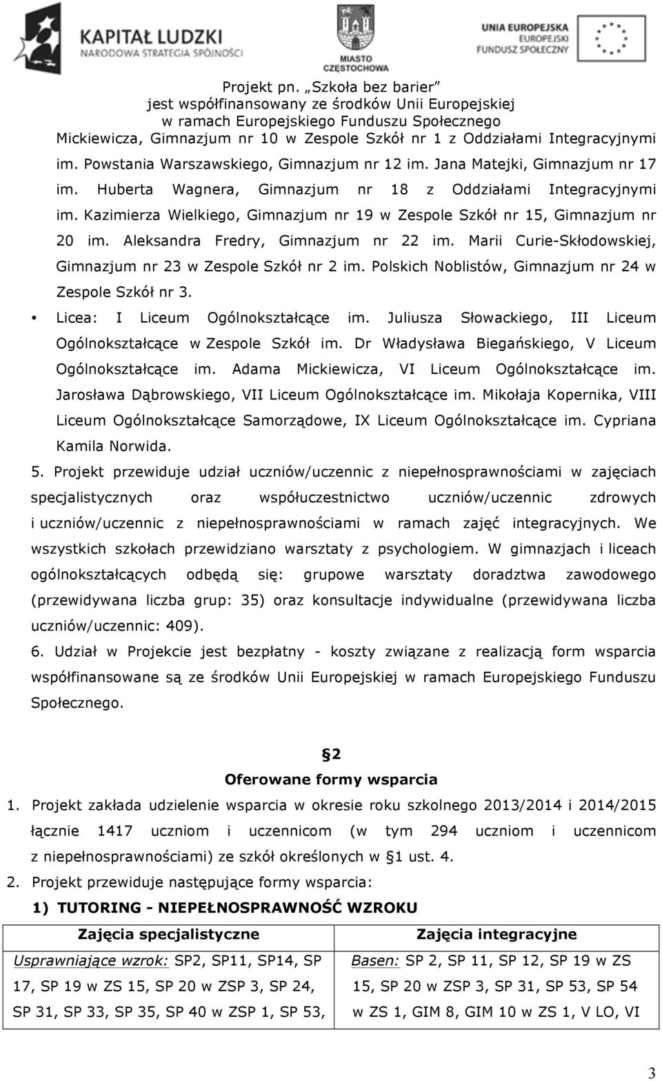 Marii Curie-Skłodowskiej, Gimnazjum nr 23 w Zespole Szkół nr 2 im. Polskich Noblistów, Gimnazjum nr 24 w Zespole Szkół nr 3. Licea: I Liceum Ogólnokształcące im.