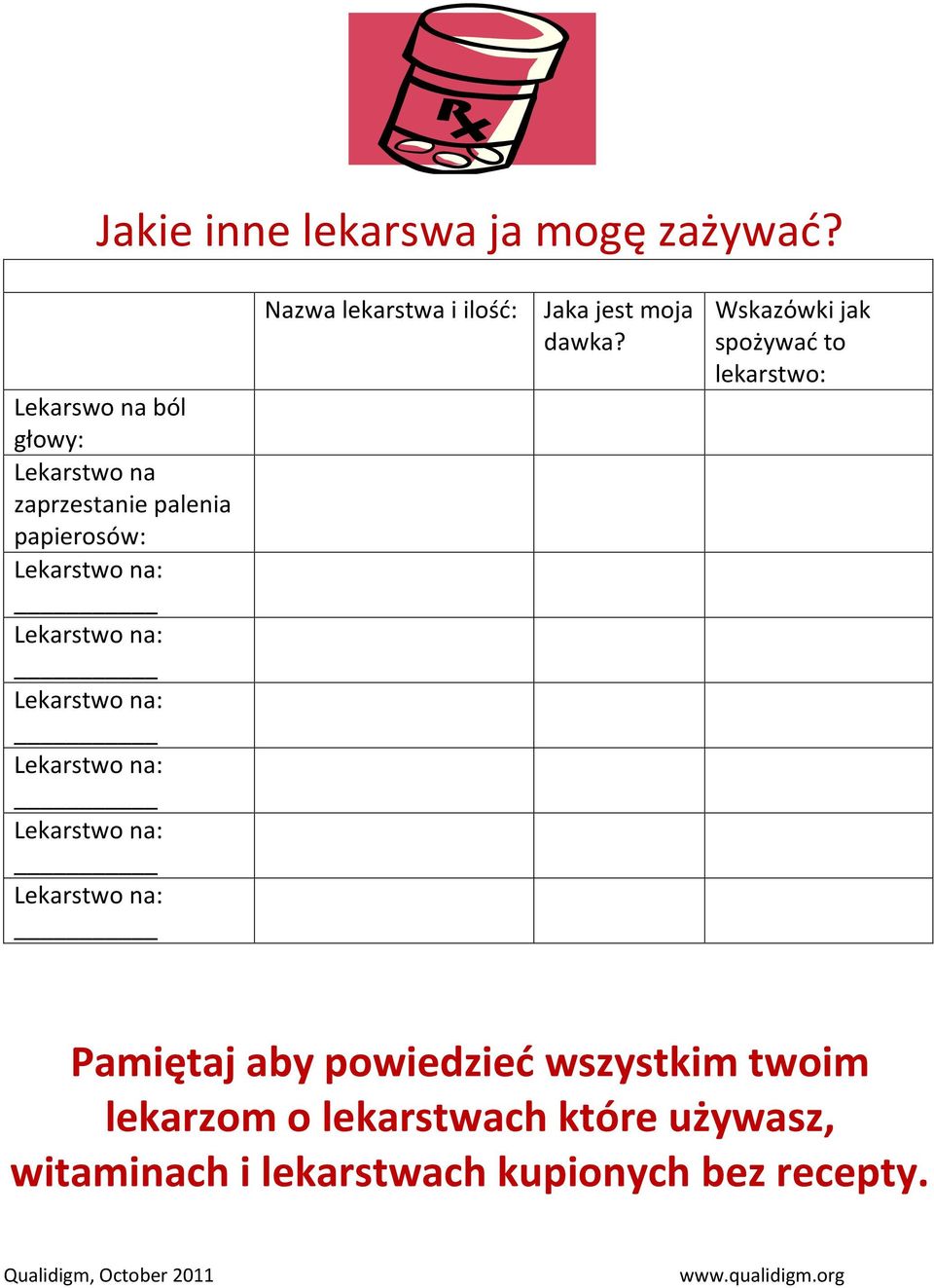 Lekarstwo na: Lekarstwo na: Lekarstwo na: Lekarstwo na: Nazwa lekarstwa i ilość: Jaka jest moja