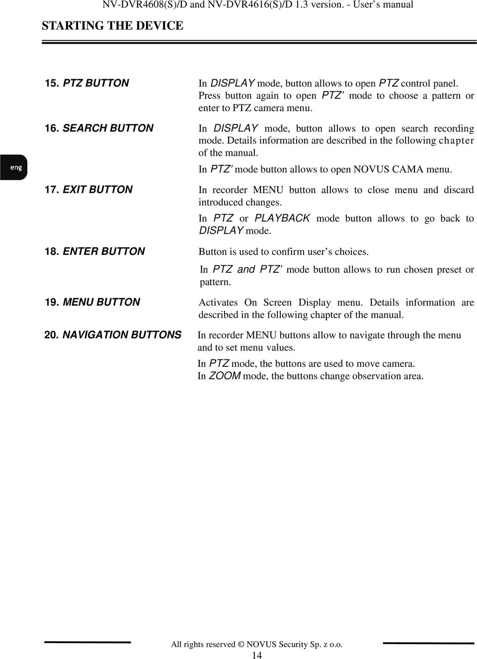 Details information are described in the following chapter of the manual. In PTZ mode button allows to open NOVUS CAMA menu. 17.