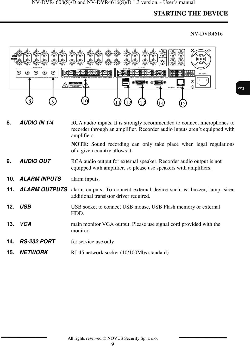 NOTE: Sound recording can only take place when legal regulations of a given country allows it. 9. AUDIO OUT RCA audio output for external speaker.