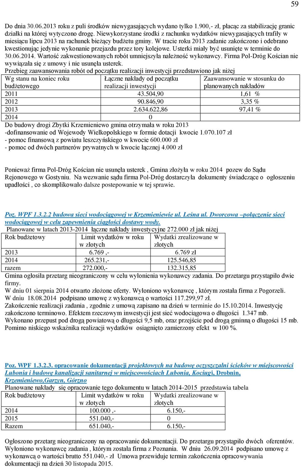 W tracie roku 2013 zadanie zakończono i odebrano kwestionując jedynie wykonanie przejazdu przez tory kolejowe. Usterki miały być usunięte w terminie do 30.06.2014.