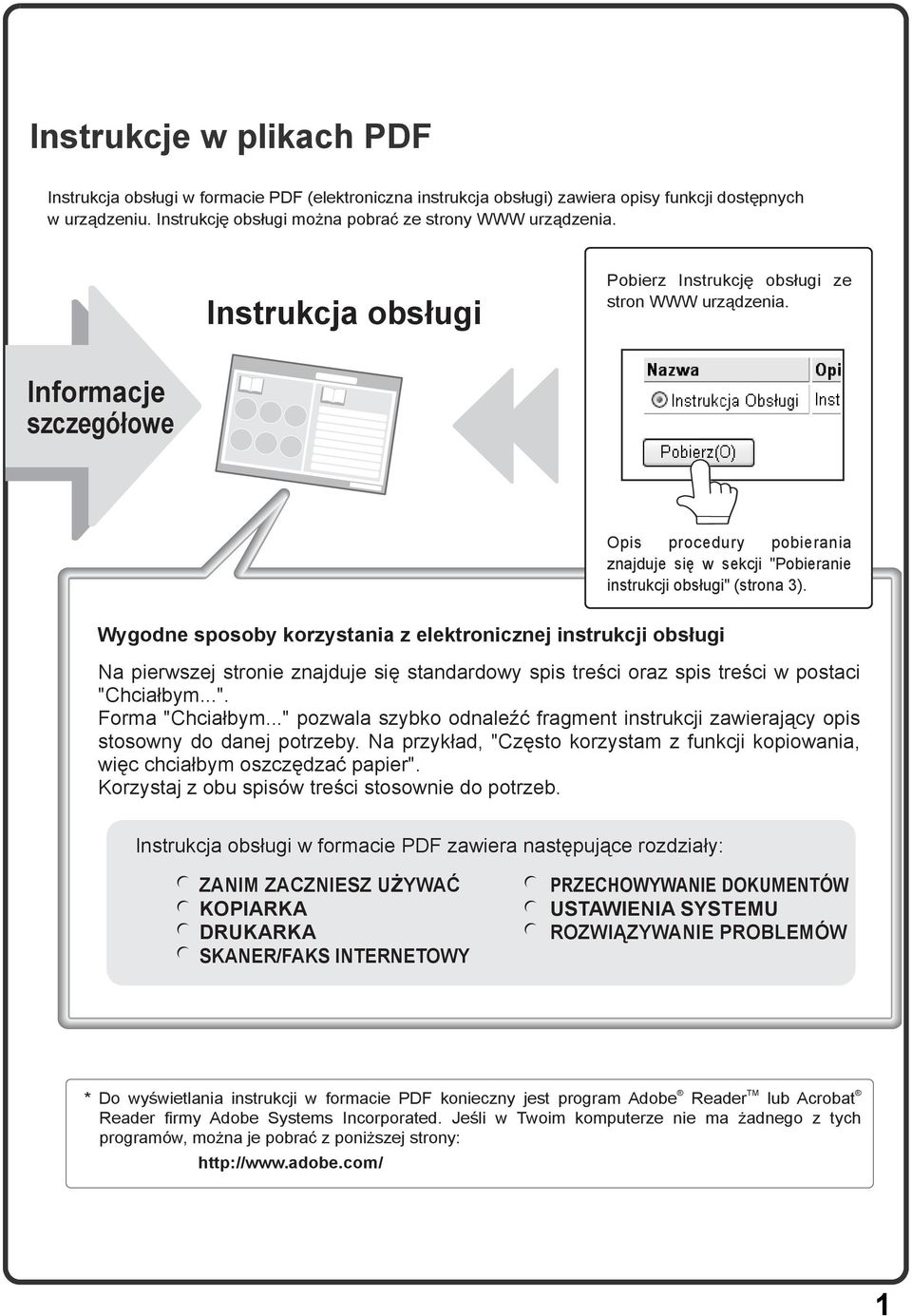 Wygodne sposoby korzystania z elektronicznej instrukcji obsługi Na pierwszej stronie znajduje się standardowy spis treści oraz spis treści w postaci "Chciałbym...". Forma "Chciałbym.