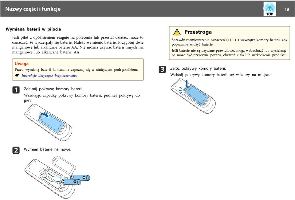 s Instrukcje dotyczące bezpieczeństw c Przestrog Sprwdź rozmieszczenie oznczeń (+) i (-) wewnątrz komory bterii, by poprwnie włożyć bterie.