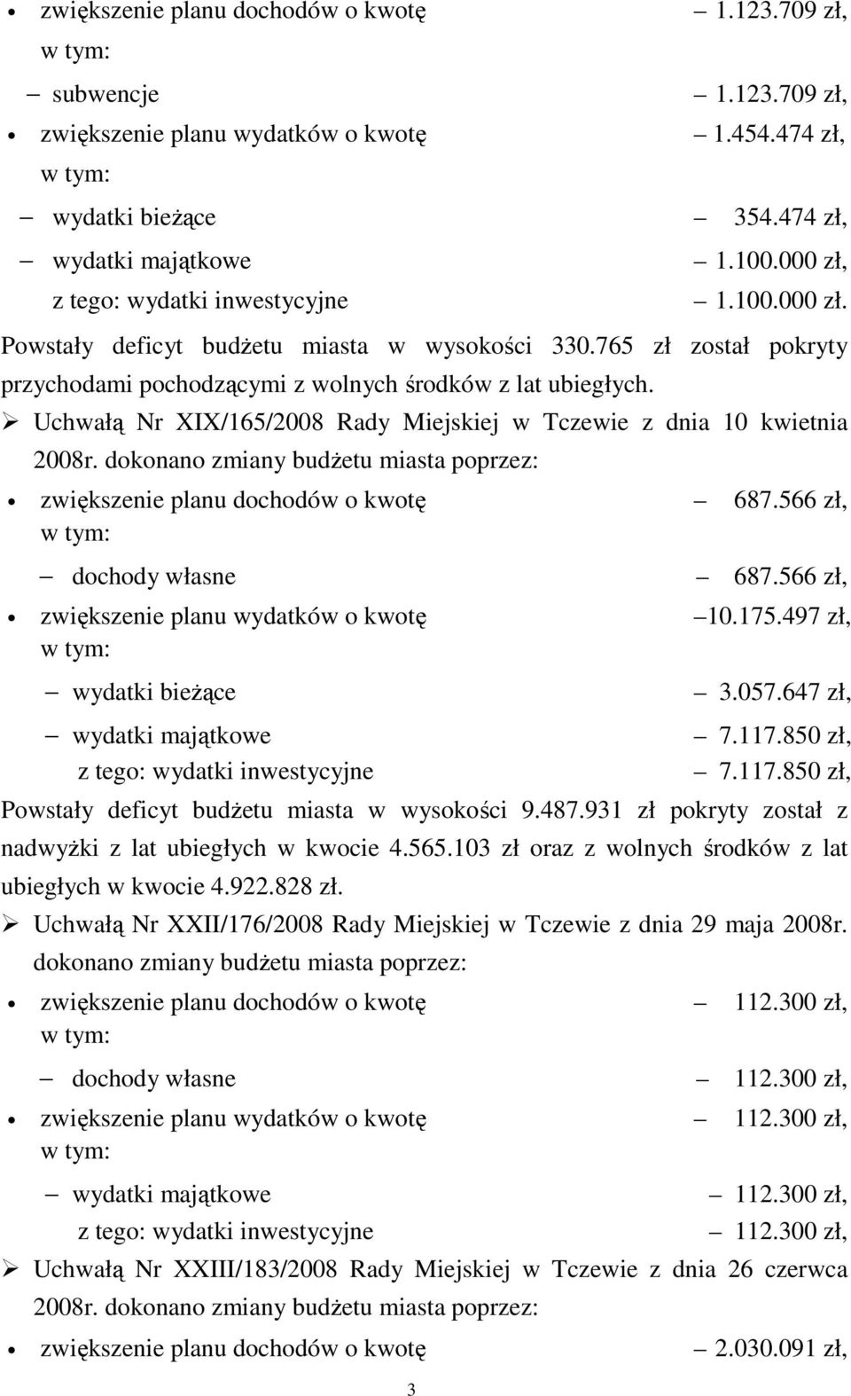 765 zł został pokryty przychodami pochodzącymi z wolnych środków z lat ubiegłych. Uchwałą Nr XIX/165/2008 Rady Miejskiej w Tczewie z dnia 10 kwietnia 2008r.