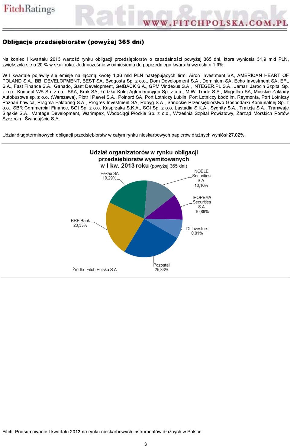 W I kwartale pojawiły się emisje na łączną kwotę 1,36 mld PLN następujących firm: Airon Investment SA, AMERICAN HEART OF POLAND S.A., BBI DEVELOPMENT, BEST SA, Bydgosta Sp. z o.o., Dom Development S.