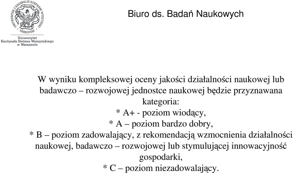 bardzo dobry, * B poziom zadowalający, z rekomendacją wzmocnienia działalności