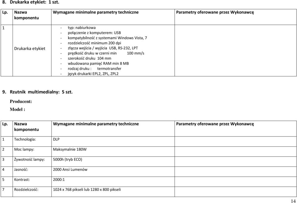 Vista, 7 - rozdzielczość minimum 200 dpi - złącza wejścia / wyjścia USB, RS-232, LPT - prędkość druku w czerni min 100 mm/s - szerokość druku 104 mm - wbudowana pamięć RAM min 8 MB - rodzaj druku :