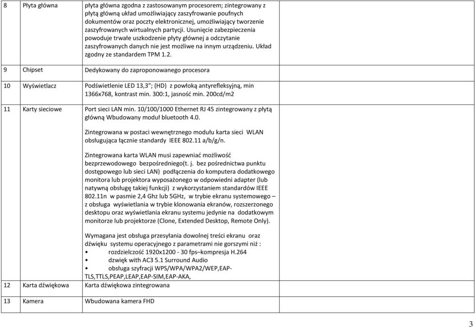 Układ zgodny ze standardem TPM 1.2. 9 Chipset Dedykowany do zaproponowanego procesora 10 Wyświetlacz Podświetlenie LED 13,3 ; (HD) z powłoką antyrefleksyjną, min 1366x768, kontrast min.