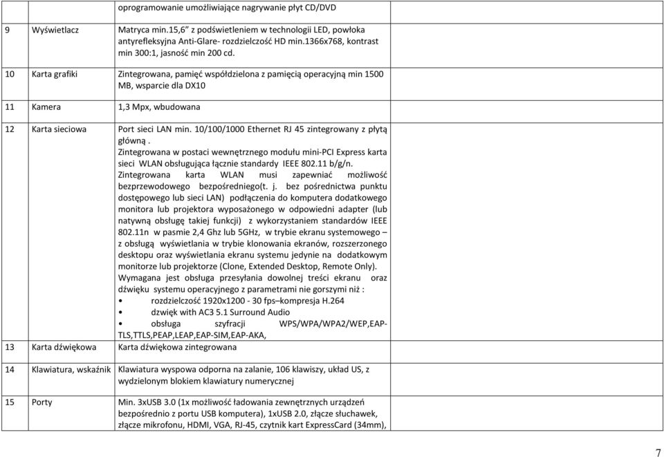 10 Karta grafiki Zintegrowana, pamięć współdzielona z pamięcią operacyjną min 1500 MB, wsparcie dla DX10 11 Kamera 1,3 Mpx, wbudowana 12 Karta sieciowa Port sieci LAN min.