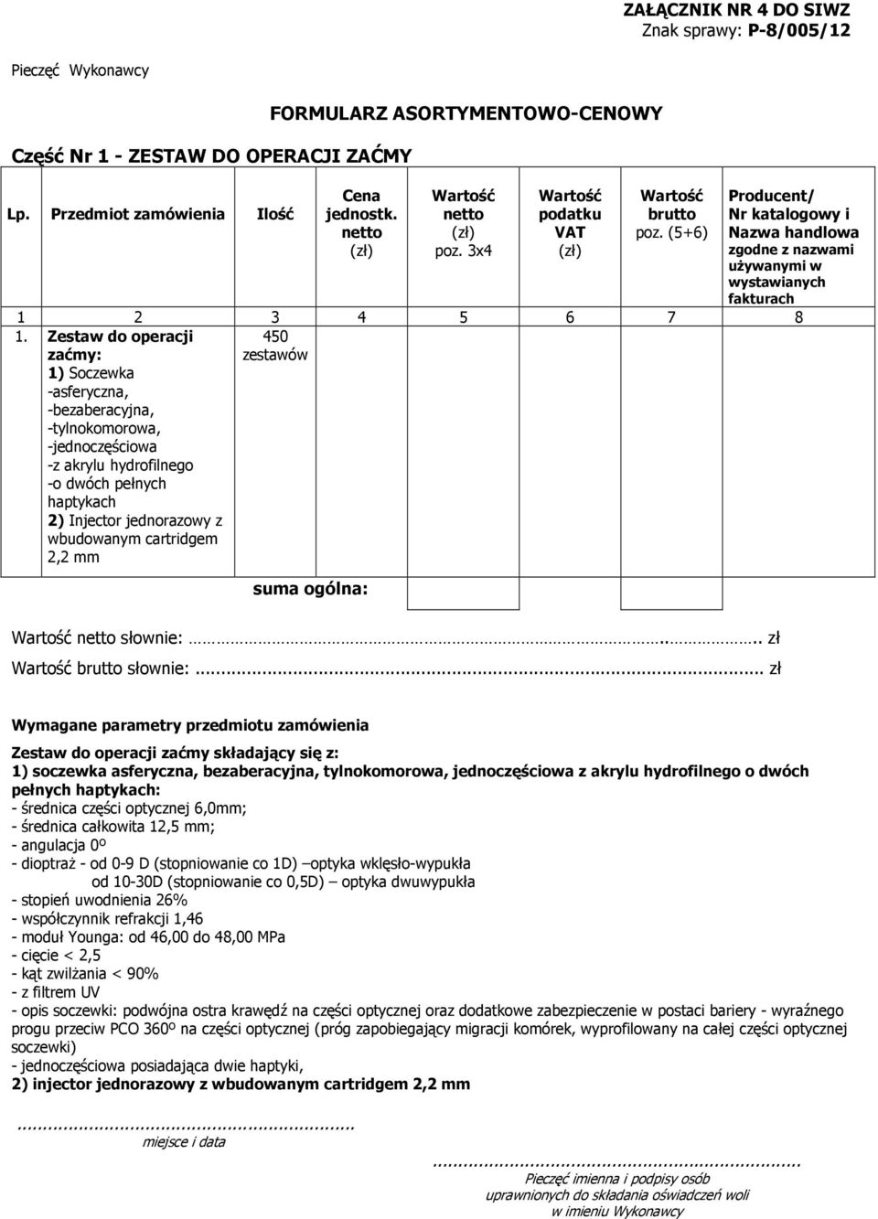 Zestaw do operacji zaćmy: 1) Soczewka -asferyczna, -bezaberacyjna, -tylnokomorowa, -jednoczęściowa -z akrylu hydrofilnego -o dwóch pełnych haptykach 2) Injector jednorazowy z wbudowanym cartridgem