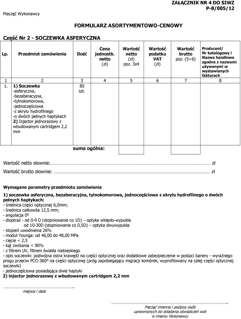 1) Soczewka -asferyczna, -bezaberacyjna, -tylnokomorowa, -jednoczęściowa -z akrylu hydrofilnego -o dwóch pełnych haptykach 2) Injector jednorazowy z wbudowanym cartridgem 2,2 mm 80 szt.