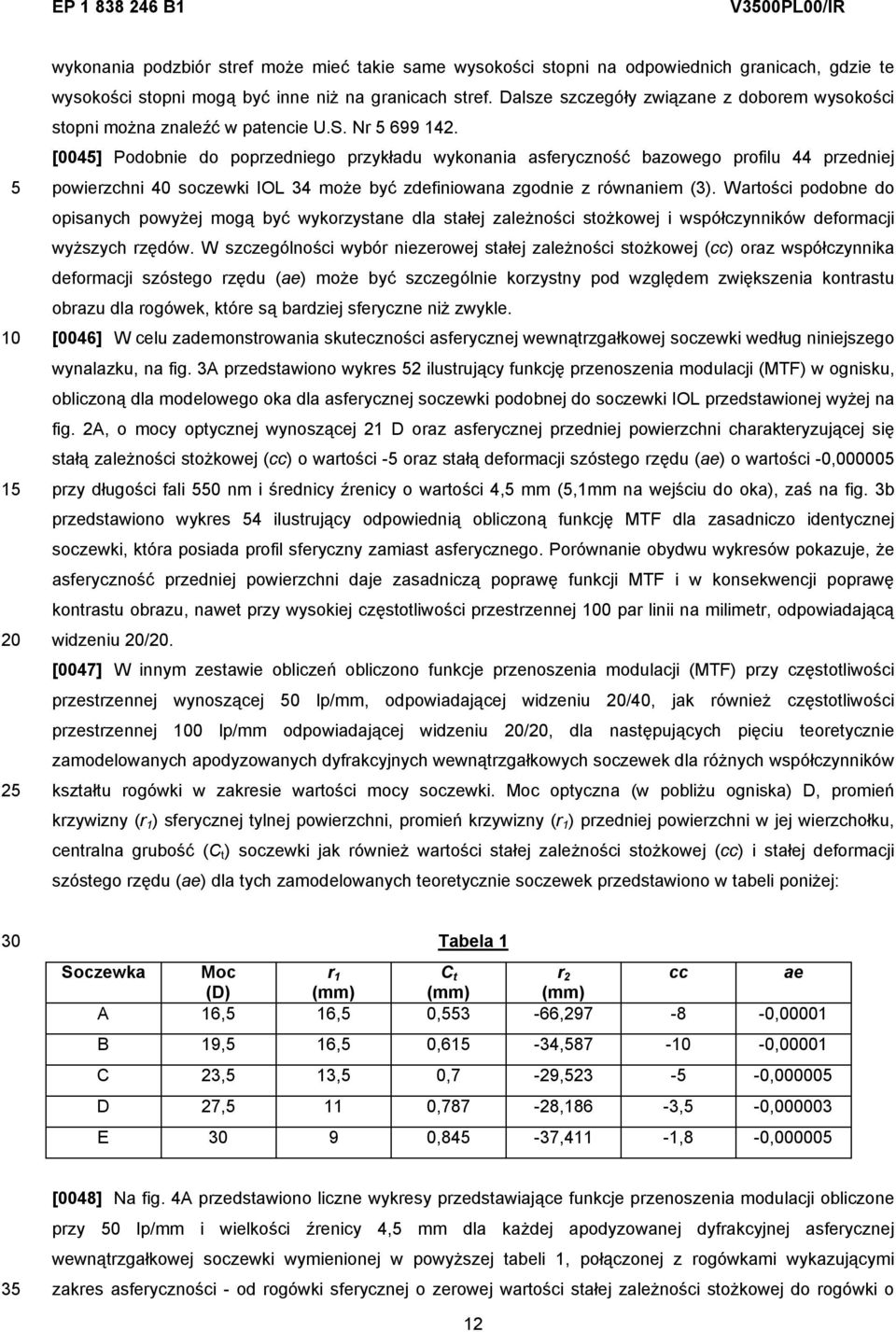 [004] Podobnie do poprzedniego przykładu wykonania asferyczność bazowego profilu 44 przedniej powierzchni 40 soczewki IOL 34 może być zdefiniowana zgodnie z równaniem (3).