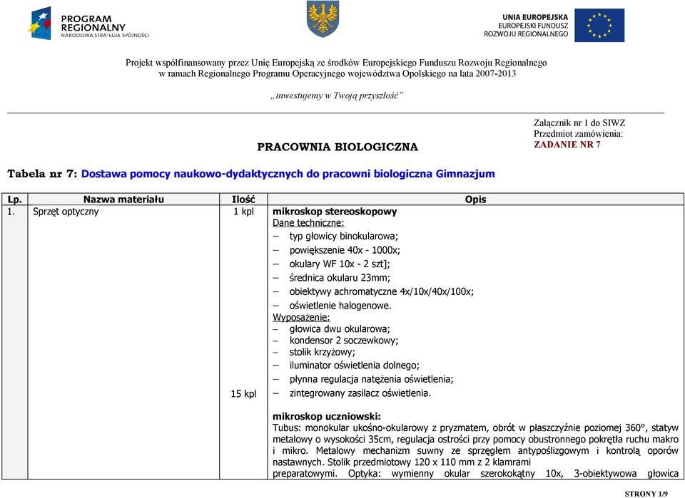 Sprzęt optyczny 1 kpl mikroskop stereoskopowy Dane techniczne: typ głowicy binokularowa; powiększenie 40x - 1000x; okulary WF 10x - 2 szt]; średnica okularu 23mm; obiektywy achromatyczne