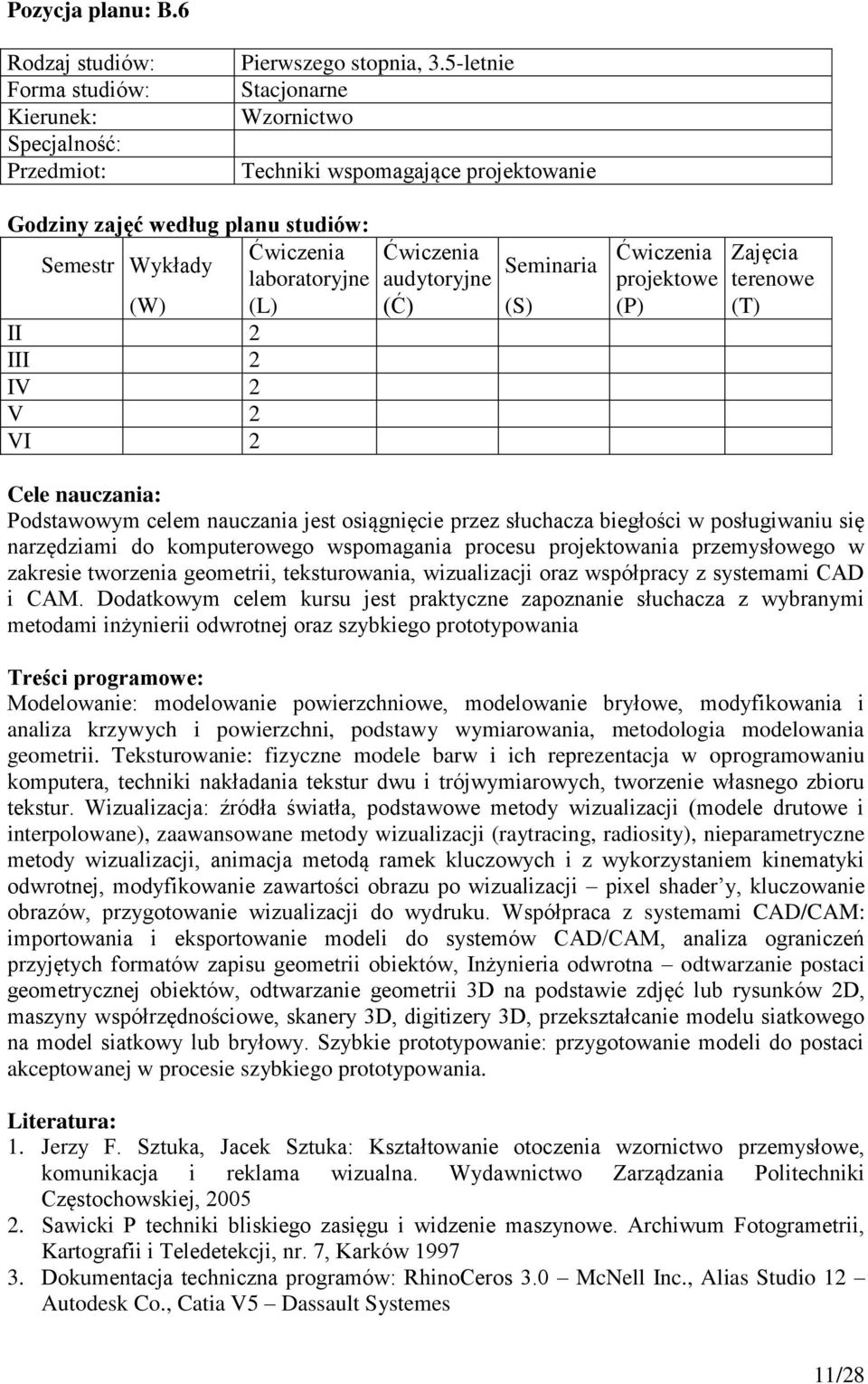 procesu projektowania przemysłowego w zakresie tworzenia geometrii, teksturowania, wizualizacji oraz współpracy z systemami CAD i CAM.