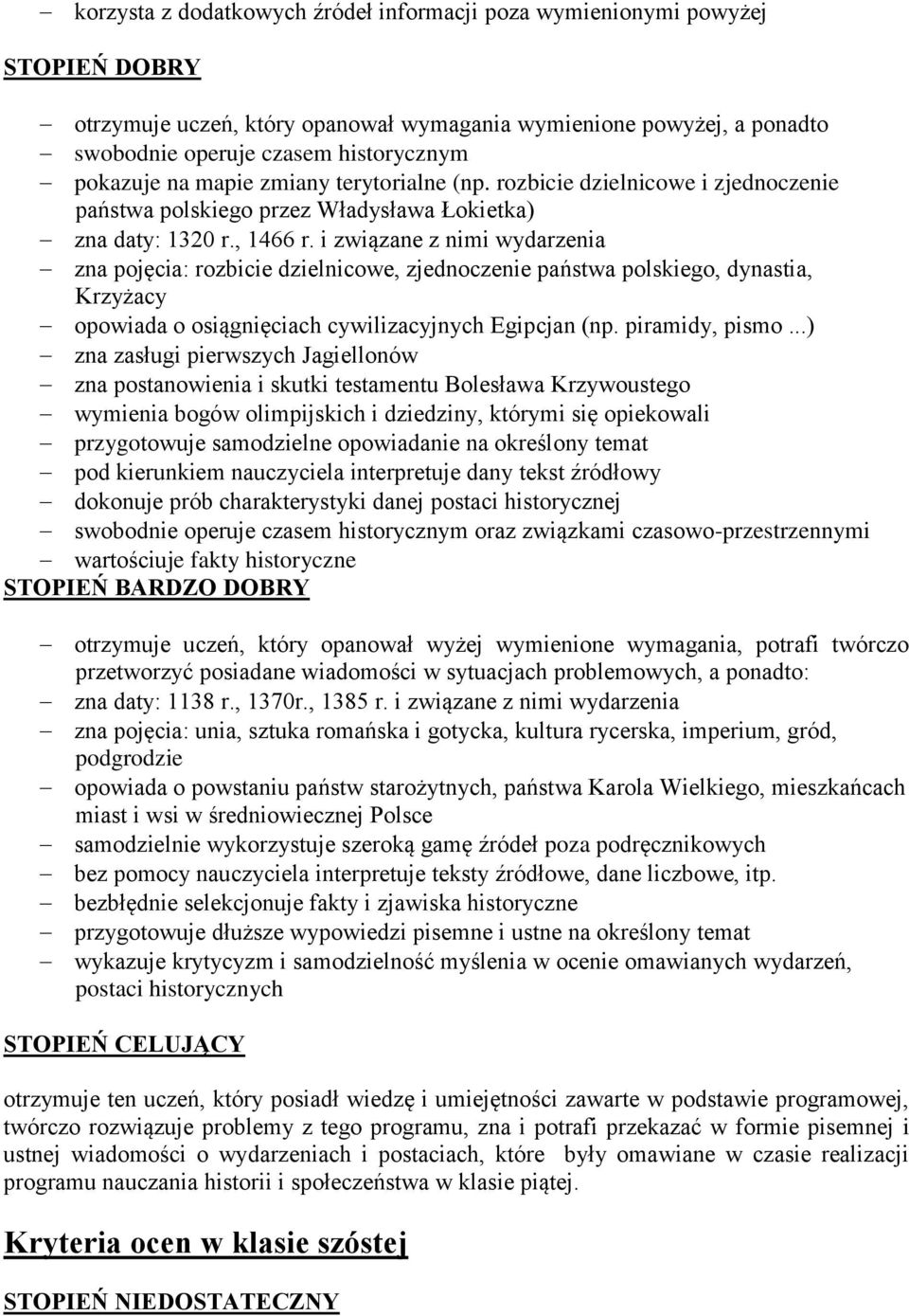 i związane z nimi wydarzenia zna pojęcia: rozbicie dzielnicowe, zjednoczenie państwa polskiego, dynastia, Krzyżacy opowiada o osiągnięciach cywilizacyjnych Egipcjan (np. piramidy, pismo.