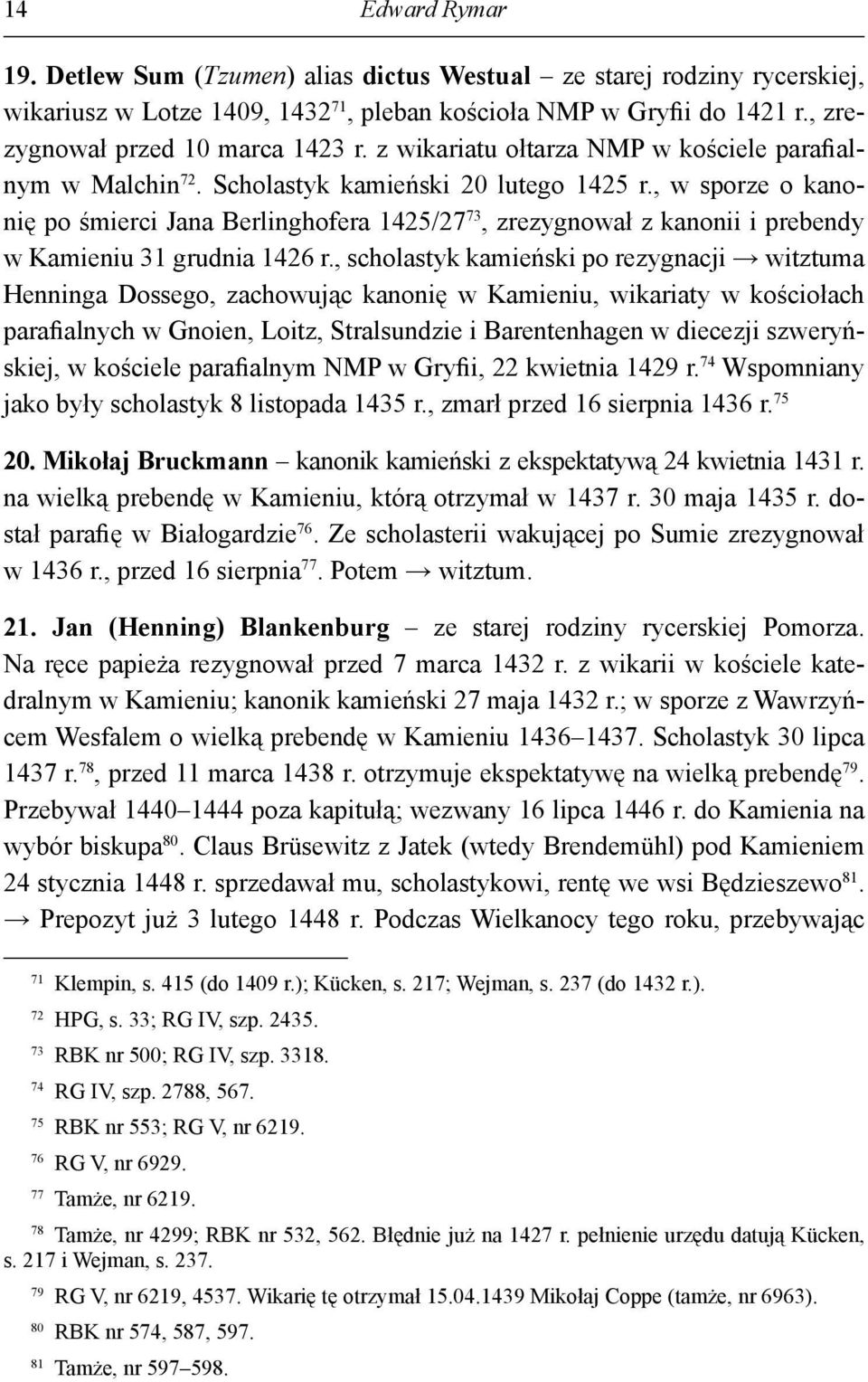 , w sporze o kanonię po śmierci Jana Berlinghofera 1425/27 73, zrezygnował z kanonii i prebendy w Kamieniu 31 grudnia 1426 r.