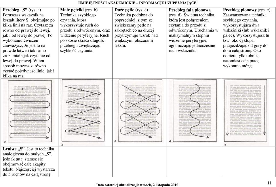 UMIEJĘTNOŚCI AKADEMICKIE INFORMACJE UZUPEŁNIAJĄCE Małe pętelki (rys. b). Technika szybkiego czytania, która wykorzystuje ruch do przodu z odwróconym, oraz widzenie peryferyjne.