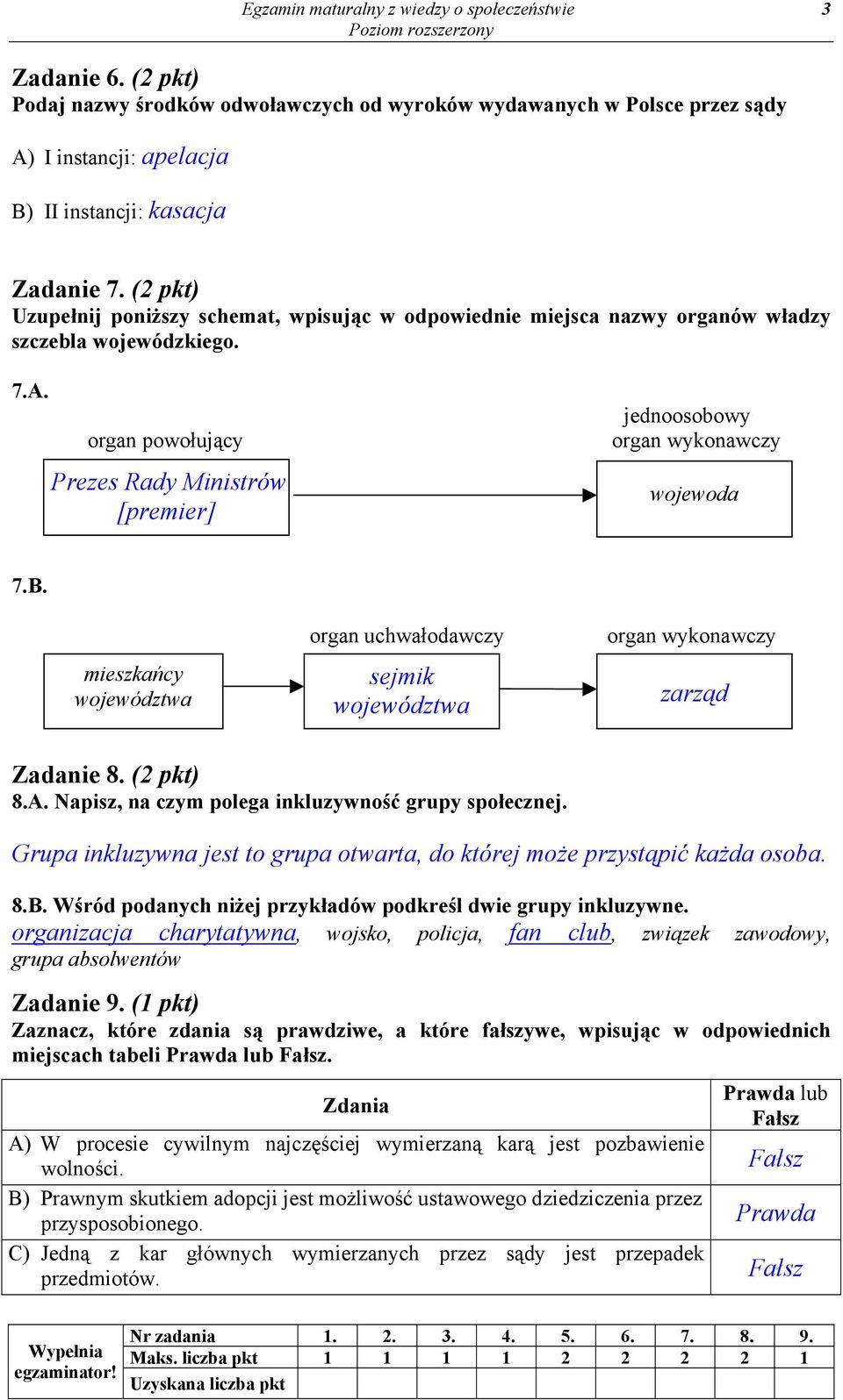 organ powołujący Prezes Rady Ministrów [premier] jednoosobowy organ wykonawczy wojewoda 7.B. mieszkańcy województwa organ uchwałodawczy sejmik województwa organ wykonawczy zarząd Zadanie 8. (2 pkt) 8.