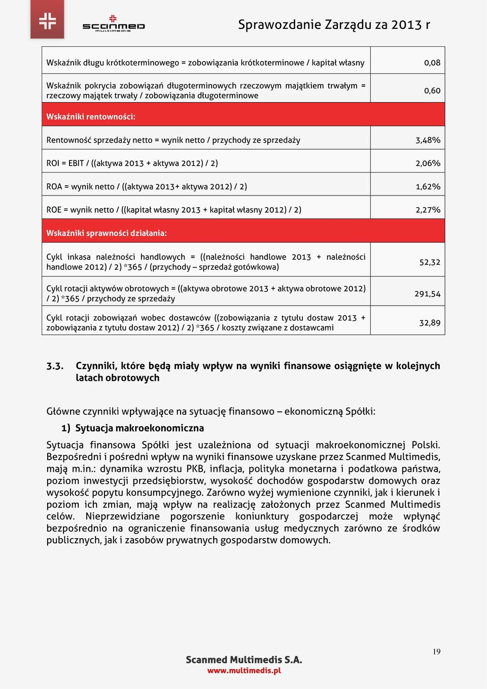 / ((aktywa 2013+ aktywa 2012) / 2) 1,62% ROE = wynik netto / ((kapitał własny 2013 + kapitał własny 2012) / 2) 2,27% Wskaźniki sprawności działania: Cykl inkasa należności handlowych = ((należności