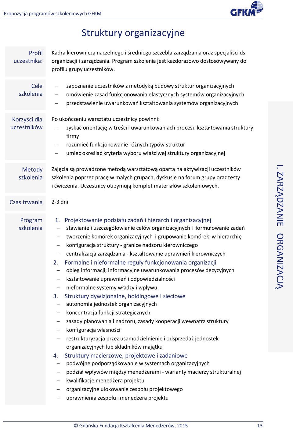 Po ukoczeniu warsztatu uczestnicy powinni: zyska orientacj w treci i uwarunkowaniach procesu ksztatowania struktury firmy rozumie funkcjonowanie rónych typów struktur umie okrela kryteria wyboru