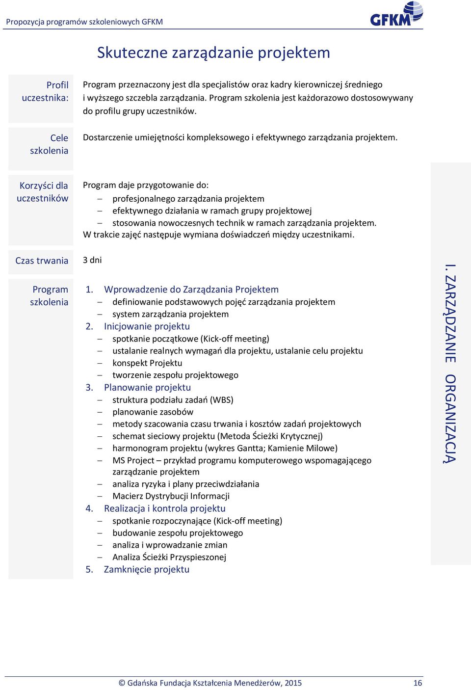 Korzyci dla daje przygotowanie do: profesjonalnego zarzdzania projektem efektywnego dziaania w ramach grupy projektowej stosowania nowoczesnych technik w ramach zarzdzania projektem.