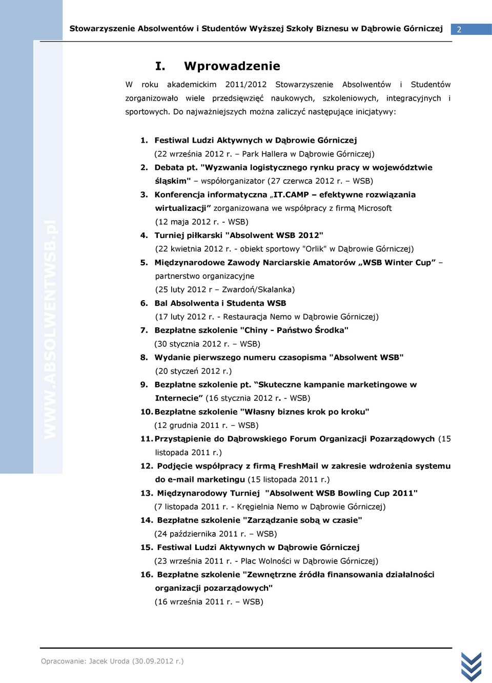 "Wyzwania logistycznego rynku pracy w województwie śląskim" współorganizator (27 czerwca 2012 r. WSB) 3. Konferencja informatyczna IT.