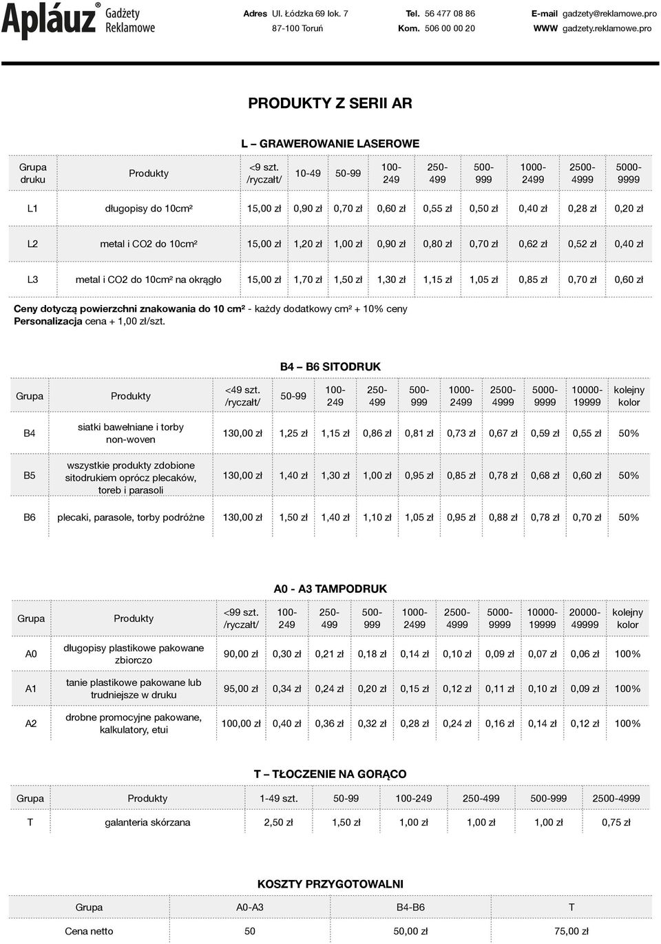 15,00 zł 1,20 zł 1,00 zł 0,90 zł 0,80 zł 0,70 zł 0,62 zł 0,52 zł 0,40 zł L3 metal i CO2 do 10cm² na okrągło 15,00 zł 1,70 zł 1,50 zł 1,30 zł 1,15 zł 1,05 zł 0,85 zł 0,70 zł 0,60 zł Ceny dotyczą