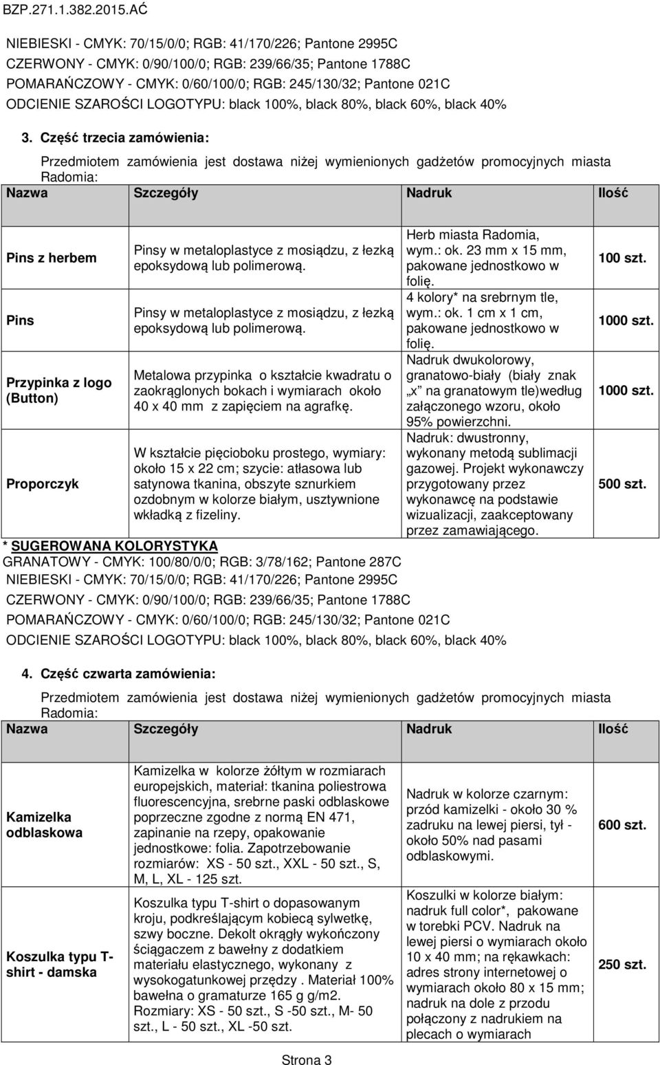 Część trzecia zamówienia: Przedmiotem zamówienia jest dostawa niżej wymienionych gadżetów promocyjnych miasta Radomia: Nazwa Szczegóły Nadruk Ilość Pins z herbem Pins Przypinka z logo (Button)