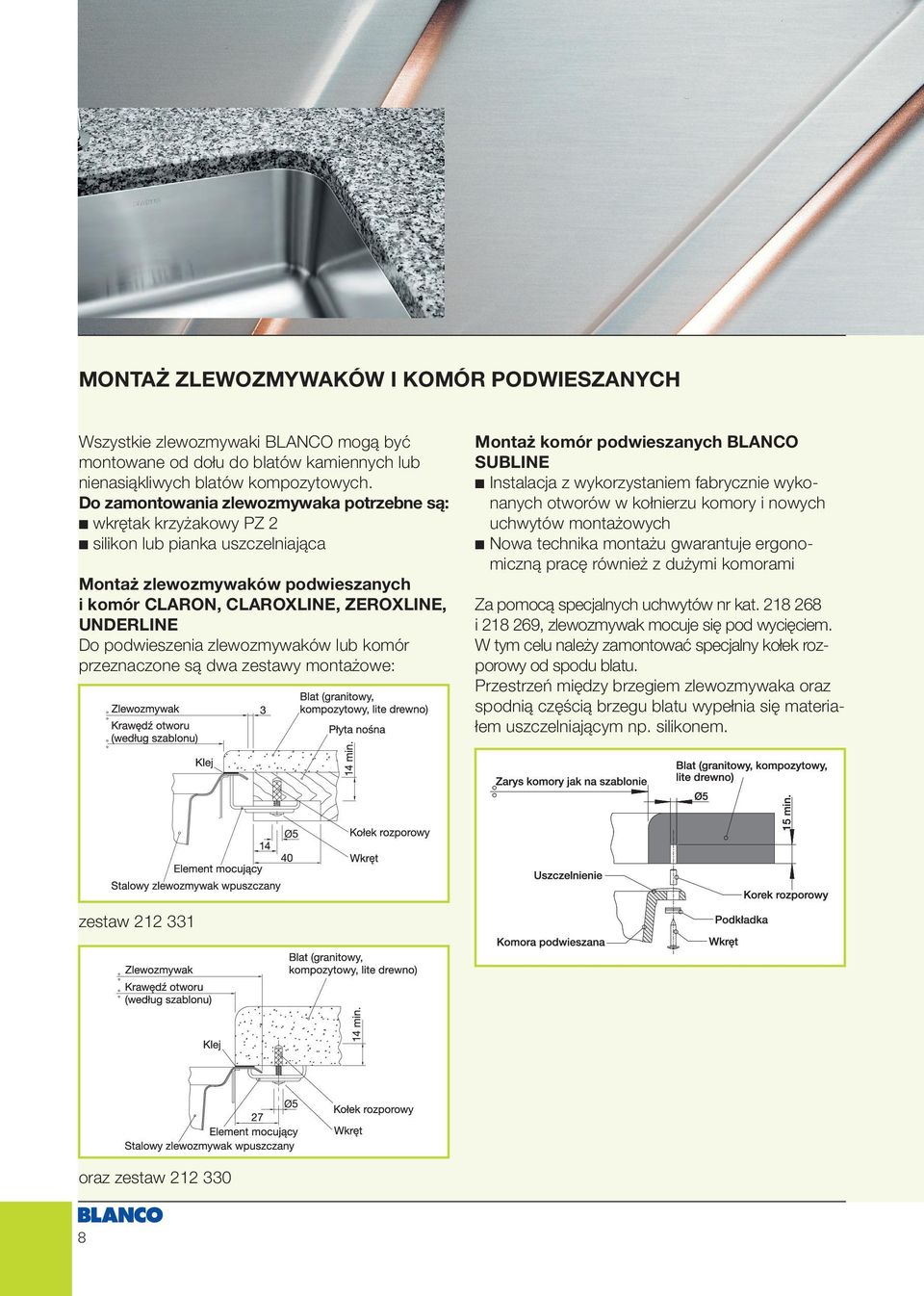 podwieszenia zlewozmywaków lub komór przeznaczone są dwa zestawy montażowe: Montaż komór podwieszanych BLANCO SUBLINE Instalacja z wykorzystaniem fabrycznie wykonanych otworów w kołnierzu komory i