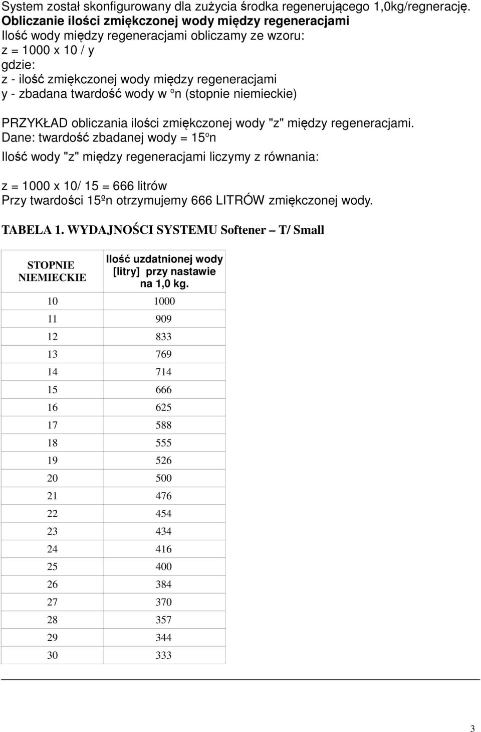 twardość wody w o n (stopnie niemieckie) PRZYKŁAD obliczania ilości zmiękczonej wody "z" między regeneracjami.