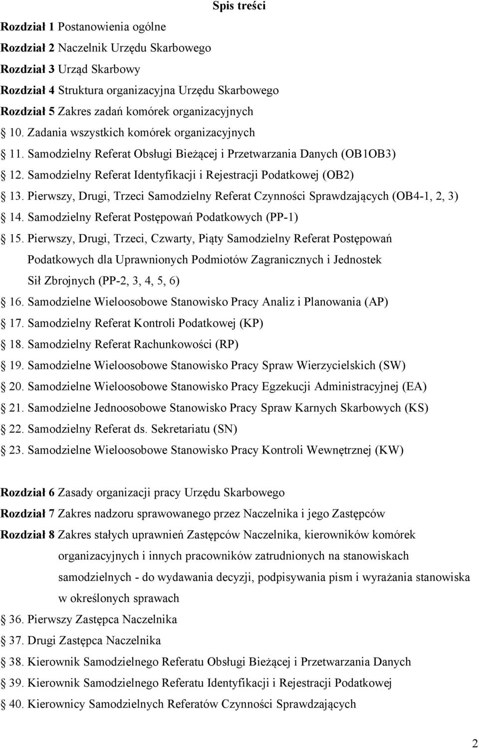 Samodzielny Referat Identyfikacji i Rejestracji Podatkowej (OB2) 13. Pierwszy, Drugi, Trzeci Samodzielny Referat Czynności Sprawdzających (OB4-1, 2, 3) 14.