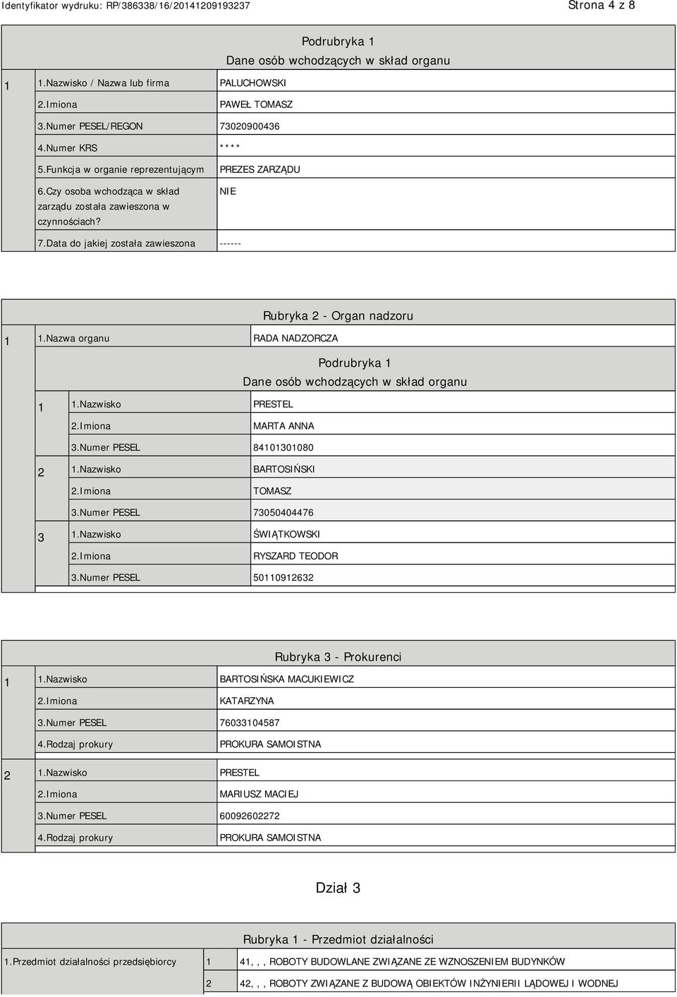 Nazwa organu RADA NADZORCZA Dane osób wchodzących w skład organu 1 1.Nazwisko PRESTEL MARTA ANNA 3.Numer PESEL 84101301080 2 1.Nazwisko BARTOSIŃSKI TOMASZ 3.Numer PESEL 73050404476 3 1.