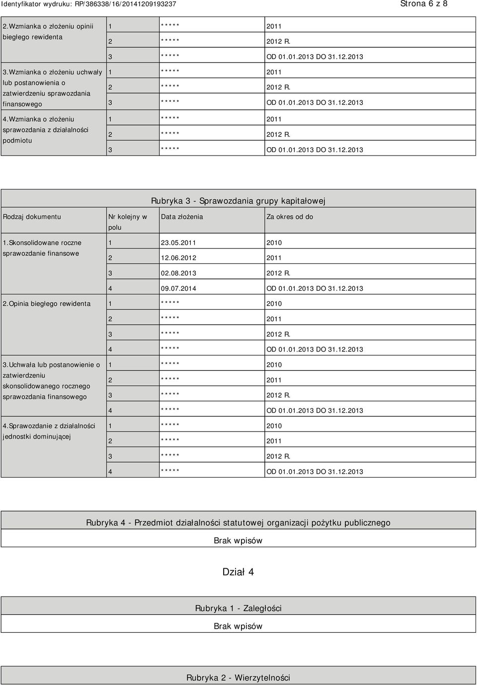 12.2013 1 ***** 2011 2 ***** 2012 R. 3 ***** OD 01.01.2013 DO 31.12.2013 Rubryka 3 - Sprawozdania grupy kapitałowej Rodzaj dokumentu Nr kolejny w polu Data złożenia Za okres od do 1.